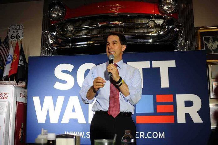 man speaking into a microphone at a campaign-style event