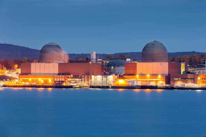 nuclear power plant with two domed reactor buildings by water at dusk
