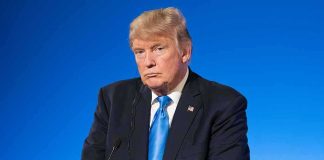 Donald Trump at a podium against a blue background