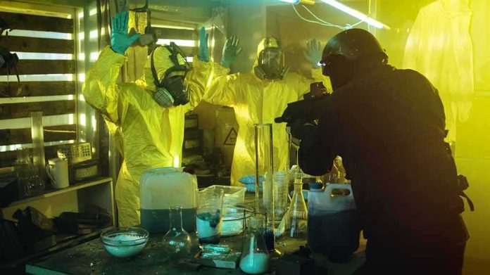 armed officer confronts people in hazmat suits inside a lab