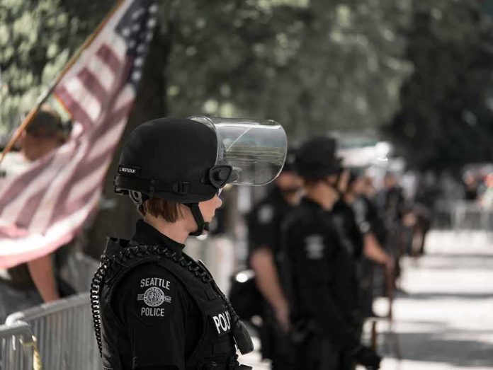 police officer in riot gear standing in a line