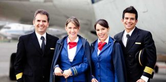 Airline crew standing together on the tarmac