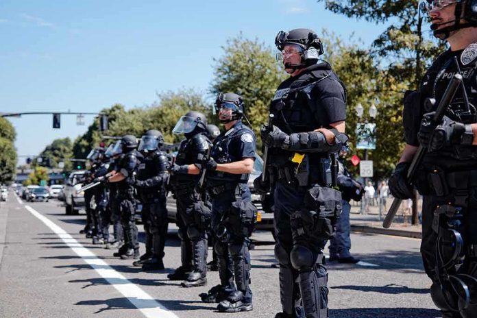 shutterstock_1246503568 Bear Pascoe, Brian Folkerts, and Eugene Sims among riot police standing in a line on a city street