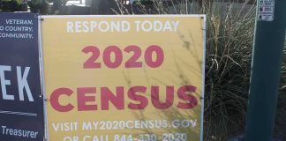 Yellow 2020 census sign on a sidewalk