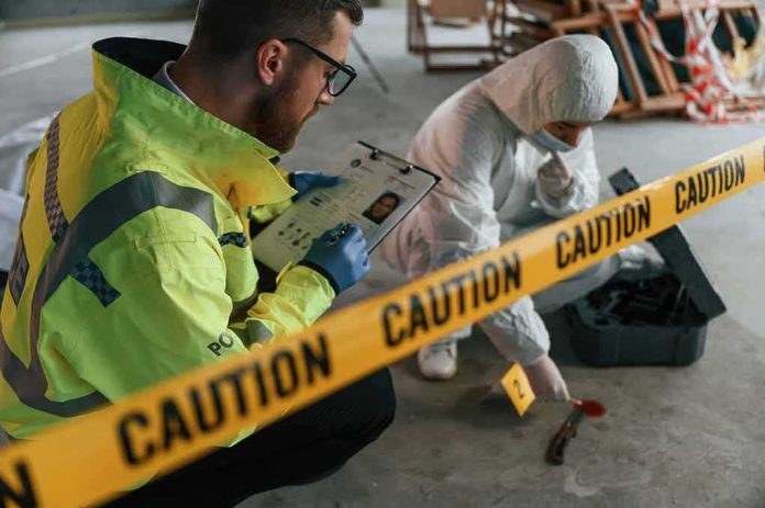shutterstock_2280775221 Police officer and forensic investigator at a crime scene behind caution tape