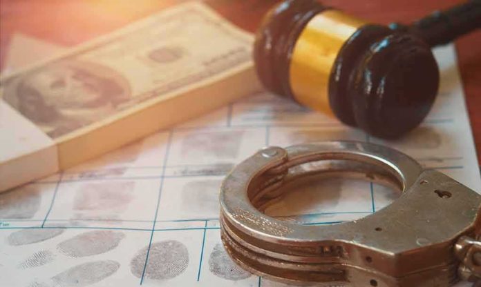 Handcuffs on fingerprint form with gavel and cash