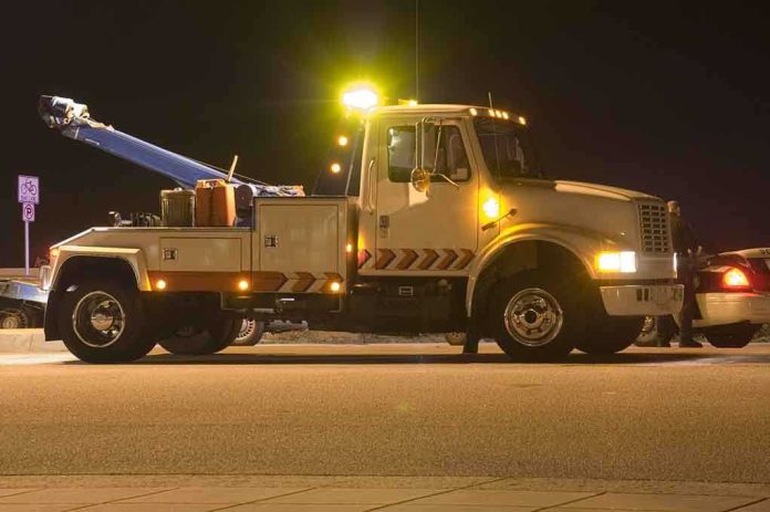 shutterstock_2638128 Tow truck with flashing lights parked at night